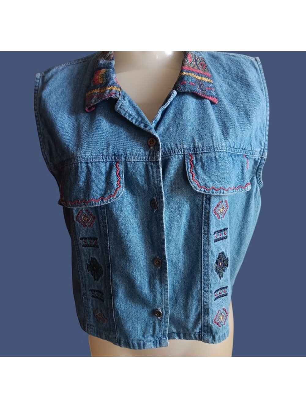 Vintage 90's Capacity Womens Denim Vest Small Embroidered Aztec Colorful Collar